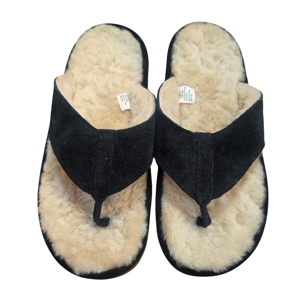 LL Bean Wicked Good Thong Slippers Black Suede Shearling 05488 Womens 8 M
